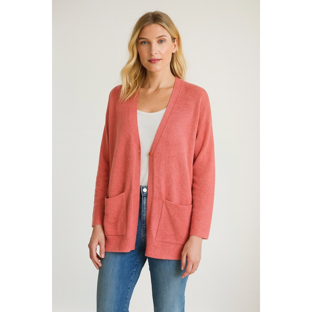 Eileen Fisher V-Neck Boyfriend Cardigan Linen Crepe Watermelon Sz M Relaxed Fit